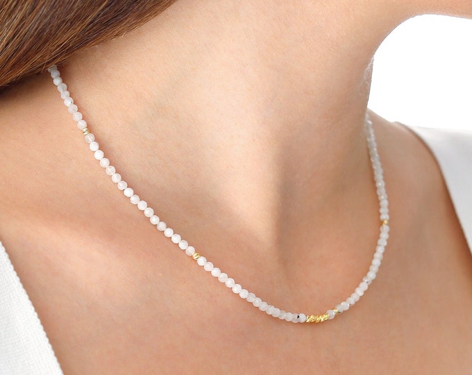 14k Gold Moonstone Crystal Beaded Necklace | Spiritual Natural Stone For Peace, Cancer & June Birthstone, Horoscope Jewelry, Birthday Gift