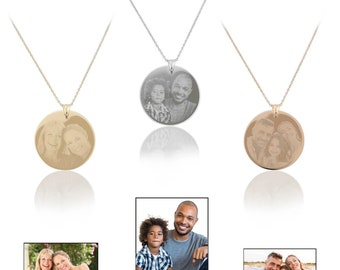 14k Gold Personalized Disc Pendant | Portrait Engraved Custom Gold Necklace, Memorial Pendant, Family or Your Photo, Pet Photo