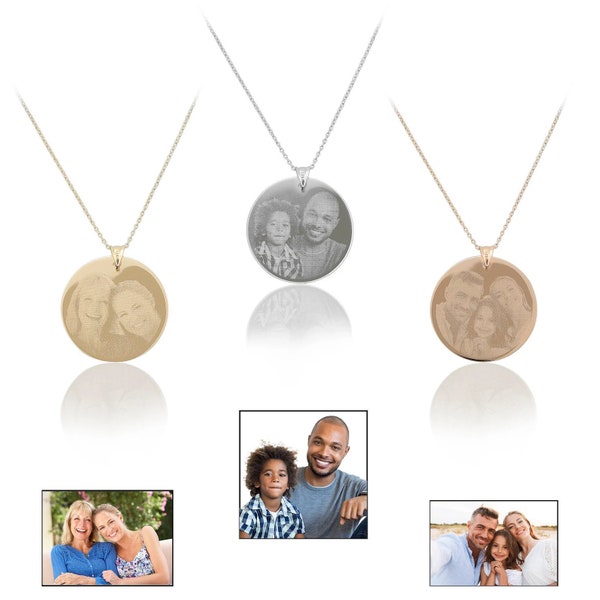 14k Gold Personalized Disc Pendant | Portrait Engraved Custom Gold Necklace, Memorial Pendant, Family or Your Photo, Pet Photo