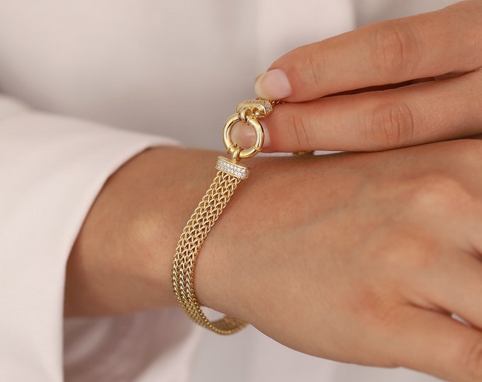 14k Gold 3 Strands Foxtail Chain Bracelet w/ Sailor Clasp | 7mm Wheat Chain & Charm, Sailor Lock w/ Heart, Moon, Star Charms, Gift for Her