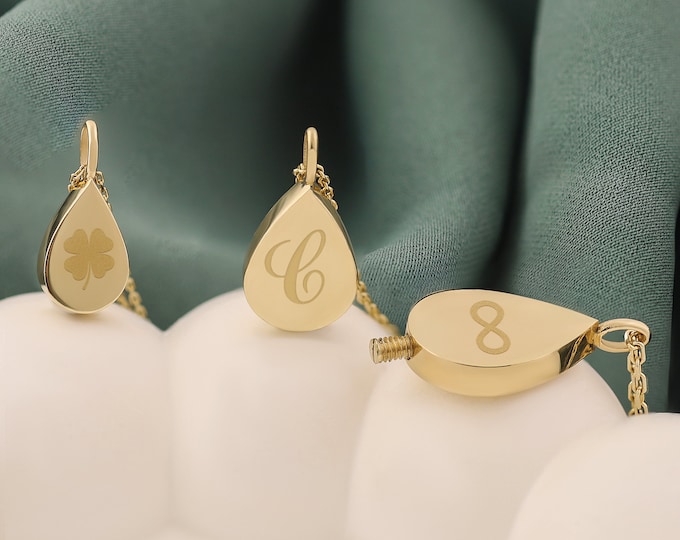 Personalized Ash Holder Teardrop Necklace | 14k / 10k Gold Drop Urn Pendant, Pet Ashes Necklace, Cremation Jewelry, Memorial Gift for Loss
