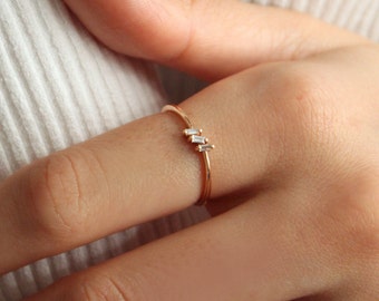 14k Gold Diamond Baguette Ring | Three Stone Minimalist Wedding Band