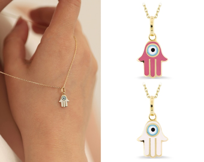 14k Gold Pink Hamsa Necklace | Handmade Enamel Hand of Fatima Pendant, White Hamsa Evil Eye Charm, Chid Gift, Baby Shower Gift, Birth Gift