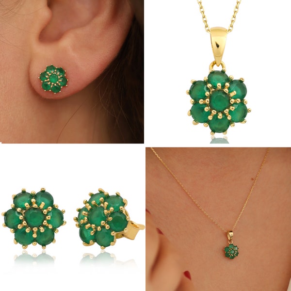 Hexagon Flower Emerald Necklace | Honeycomb Green Emerald Dainty Pendant with Gold Chain, May Birthstone Gemstone, Valentine's Day Gift