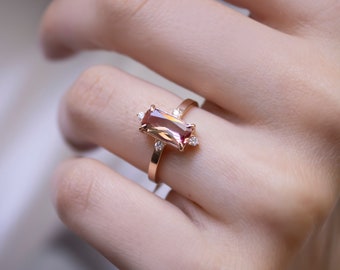 14k Gold Diaspore Ring w/ Diamonds | Emerald Cut Statement Ring, Color Changing Diaspore Gem, Sultan Ring, Promise Ring, Gift for Her
