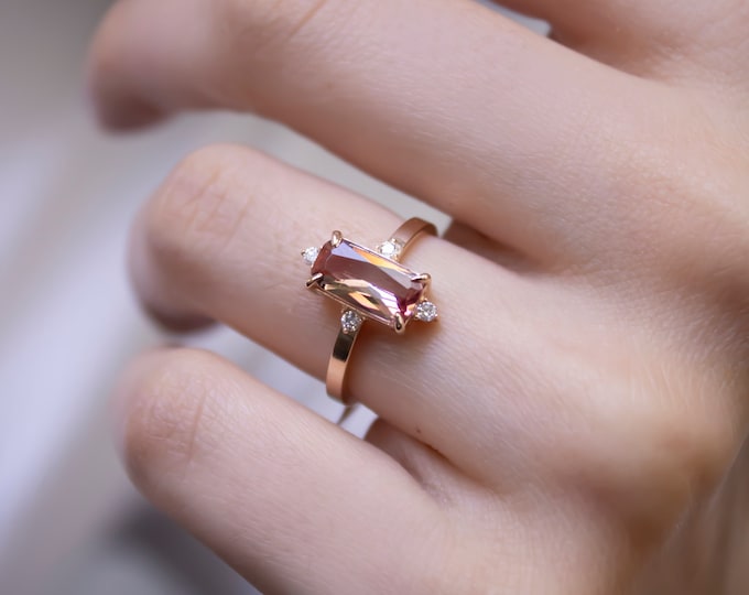 14k Gold Diaspore Ring w/ Diamonds | Emerald Cut Statement Ring, Color Changing Diaspore Gem, Sultan Ring, Promise Ring, Gift for Her