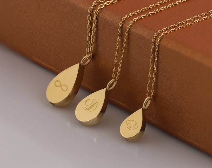 Flat Teardrop Urn Necklace | 14k & 10k Gold Drop Urn Pendant for Dad Mom Ashes, Engraved Drop Cremation Necklace, Memorial Gift for Pet Loss