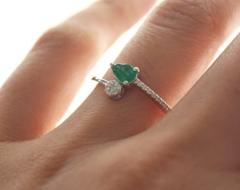 14k Gold Emerald Diamond Ring | Vintage Curved Engagement Gemstone Jewelry