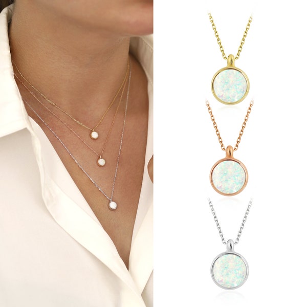 Weiße Opal Halskette | Minimal & Elegant 14k Gold Opal Edelstein Anhänger Halskette für den täglichen Gebrauch, Jahrestag Valentine Geschenk Oktober Birthstone