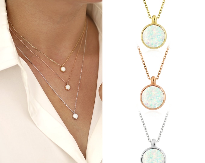 14k Gold White Opal Necklace | Minimal & Elegant 14k Gold Opal Gemstone Pendant Necklace, Anniversary Valentine Gift October Birthstone
