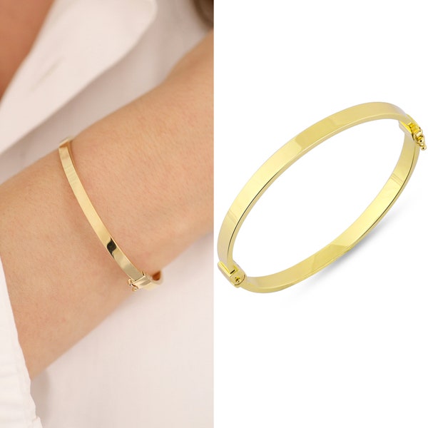 14K Gold Oval Engraved Bangle | 5mm Hinged Bracelet, Shiny Bangle, Stackable Jewelry, Wide Gold Cuff, Straight Bangle, Mother's Day Gift