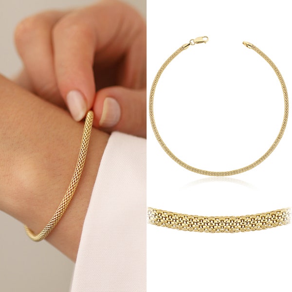 14k Gold Popcorn Chain Bracelet | 3mm Round Mesh Tube Chain Bracelet, Vintage Design Popcorn Bracelet, Gold Unisex Chain, Anniversary Gift