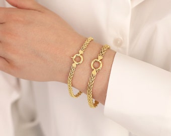 14K Gold Rope Chain Bracelet with Sailor Lock Clasp | 5mm Straw Mesh Chain Bracelet, Stacking Bracelet, Attachable Charms, Gift for Daughter
