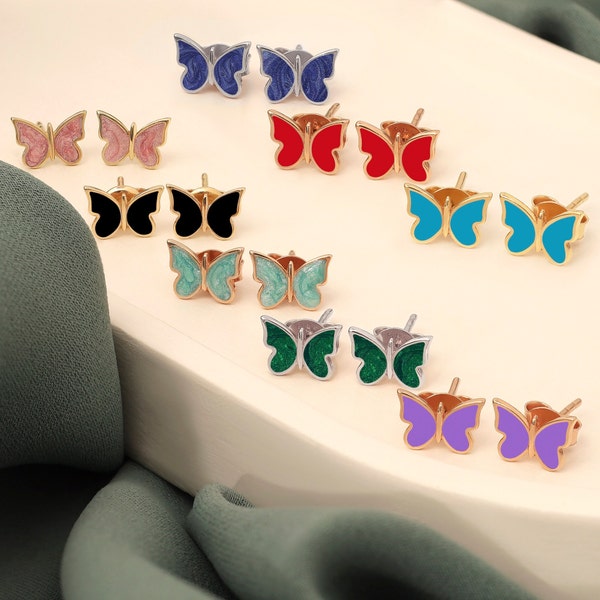 Zierliche Schmetterlingsförmige Ohrring Bunte Emaille Schmetterling Ohrringe, Minimal Ohrstecker, Elegantes minimalistisches Design, Geschenk zum Valentinstag