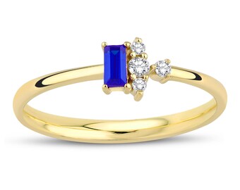 14k Gold Baguette Sapphire & Diamond Ring | Dainty September Birthstone Band