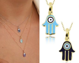 Dainty Gold Hamsa Necklace | 14k Gold Hand of Fatima Pendant, Turquoise & Dark Blue Evil Eye Protection Talisman Charm, Handmade Jewelry