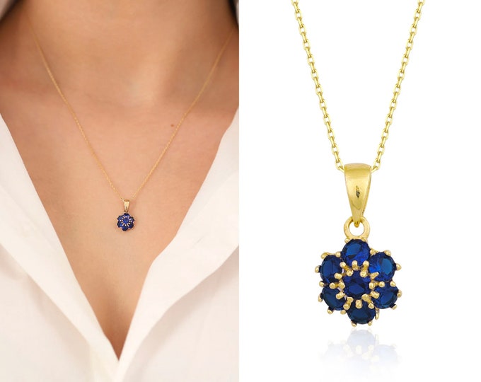 14k Gold Sapphire Hexagon Flower Pendant | Honeycomb Blue Gemstone Necklace, September Birthstone, Birthday Gift, Dainty Bridesmaid Necklace