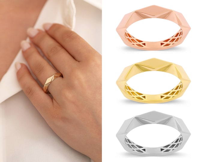 14k Gold Ridged Fore Finger Ring | Geometric Shaped Statement Ring, Charming Band Ring, Elegant Jewelry, Gift for Her, Graduation Gift
