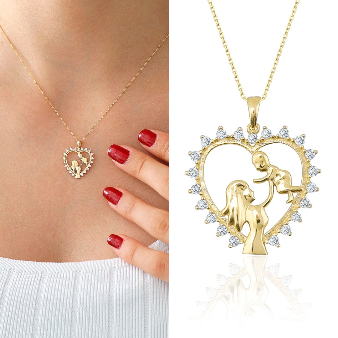 14k Gold Mother & Child Heart Necklace Heart Charm W/ CZ Gemstone, Woman and Her Baby Daughter