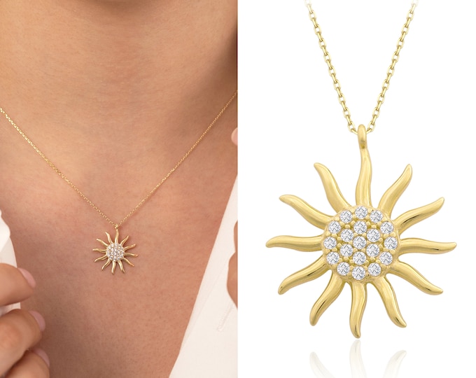 14k Gold Sun Charm Necklace | Minimal Sun Star Pendant w/ Gemstones, Ray Dainty Necklace for Daily Use, Graduation Gift | Gift for Her