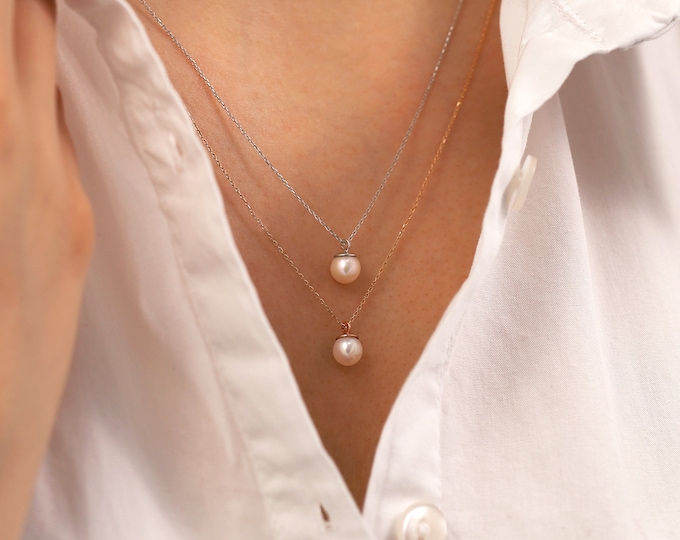 PEARL Minimal Necklace, 14k Gold, Real Pearl Jewel, Elegant and Round Design, Customized Chain and Lock, Birthday Gift Necklace