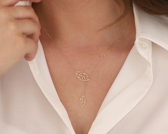 Double Leaf Gold Necklace | Mother of Nature, Leaves of Tree Golden Pendant | Outline Hollow Leaves | Elegant Design, Birthday Gift Necklace