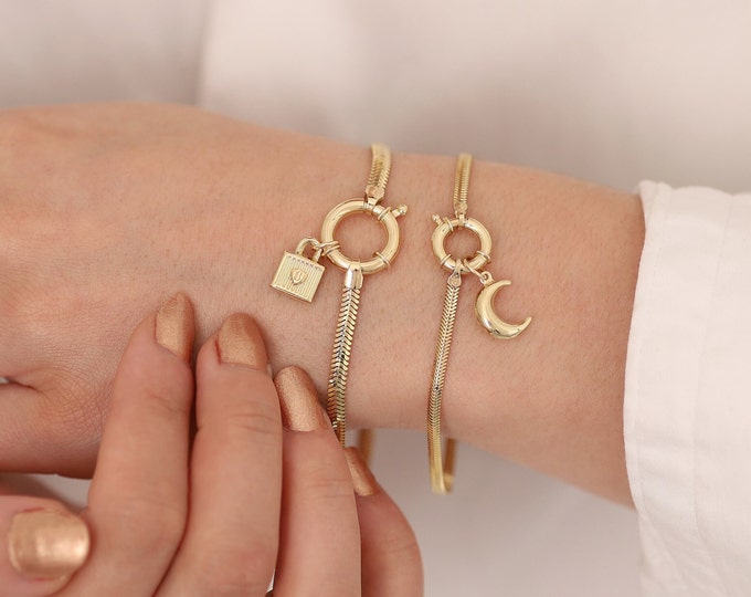 14K Gold Snake Chain Charm Bracelet | Sailor Lock Italian Chain Jewelry, Heart Padlock, Moon & Star, Shell, Key, Clover Charm, Gift for Her
