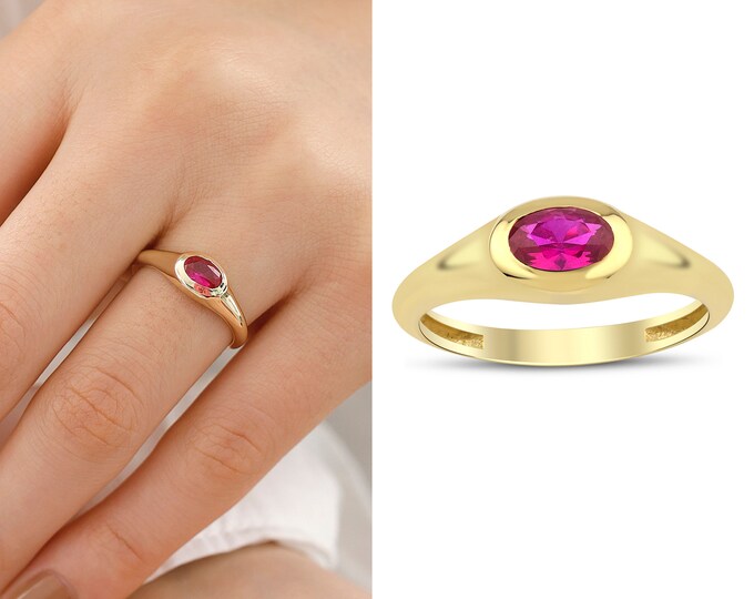 14k Gold Magenta Ring w/ Zircon Gemstone | Stylish Stackable Rings, Oval Colorful Gem, Valentines Day Gift, Special Day Gift, Gift for Her