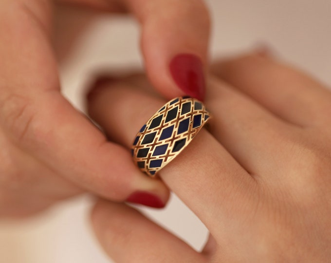14k Gold Navy Blue Intricate Ring | Heavy & Bold Wide Band Ring, Perforated Fore Finger Ring, Chic Jewelry, Anniversary Gift, Gift for Her