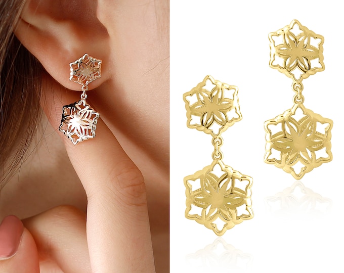 14k Gold Snowflake Earrings | Puffy Earrings, Dangling Drop Winter Earrings, Handmade Jewelry, Bridesmaid Gift, Christmas Gift, Gift for Her