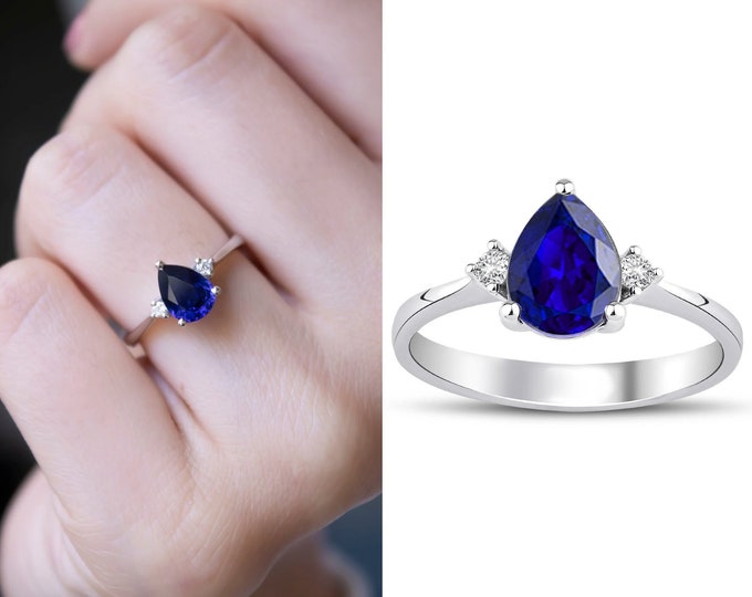 18k Solid Gold Sapphire Ring w/Diamonds | Handmade Jewelry, Vintage Look Teardrop Cut Ring, Blue Sapphire Jewelry, Engagement/Proposal Ring