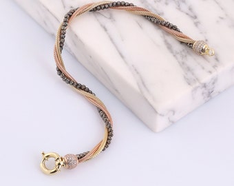 14K Tri Color Gold Foxtail Bracelet | Twisted/Braided Round Mesh Multi Strand Bracelet w/ Black Gold Dorica Balls & Sailor Clasp, Best Gift