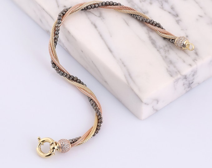 14K Tri Color Gold Foxtail Bracelet | Twisted/Braided Round Mesh Multi Strand Bracelet w/ Black Gold Dorica Balls & Sailor Clasp, Best Gift