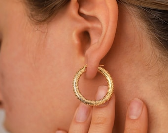 14k Gold Spotted Hoop Earrings | Thick Round Scale Design Daily Use Jewelry