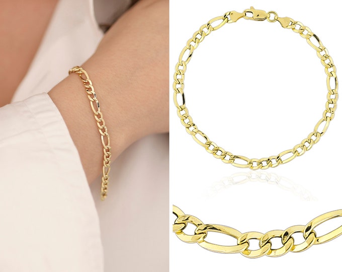 14k Gold 5mm Figaro Chain Bracelet | Thick Cuban Chain, Unisex Figaro Chain, Bold Layering Bracelet, Stacking Bracelet, Anniversary Gift