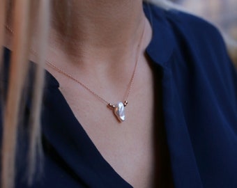 Irregular Pearl Pendant | Natural Shape AAA Quality Real Pearl Necklace with Gold Beads | Pearlescent White Gem of Ocean | Gift for Her