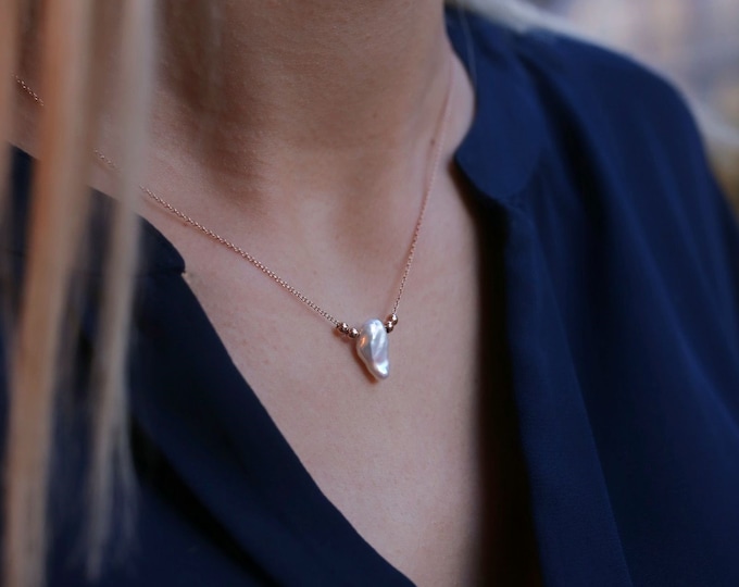 Irregular Pearl Pendant | Natural Shape AAA Quality Real Pearl Necklace with Gold Beads | Pearlescent White Gem of Ocean | Gift for Her