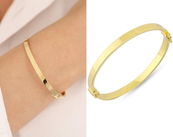 14k gold oval engraved bangle | 5mm hinged bracelet, shiny bangle, stackable jewelry, wide gold cuff, straight bangle, mother's day gift