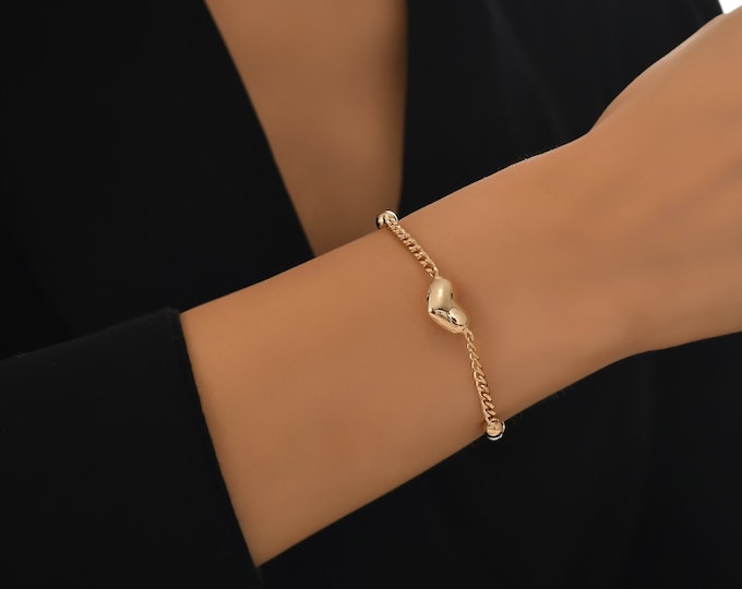 14k Gold Puffy Heart Bracelet | Thick Curb Chain with Bold Charm, Heavy Statement
