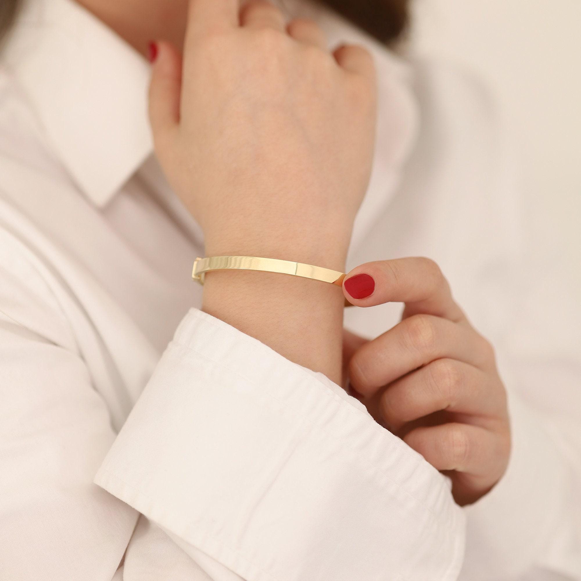 14k Gold Oval Engraved Bangle | 5mm Hinged Bracelet, Shiny 14k Gold Oval Engraved Bangle | 5mm Hinged Bracelet, Shiny