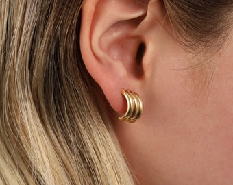 14k Gold Triple Bar Earrings | Shell Studs, Geometric Modern Jewelry Gift