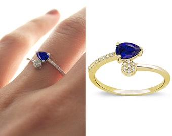 0,58ct Diamond Vintage Look Teardrop Sapphire Ring | Handmade Jewelry, Engagement Ring, September Birthstone, Anniversary Gift, Wedding Gift