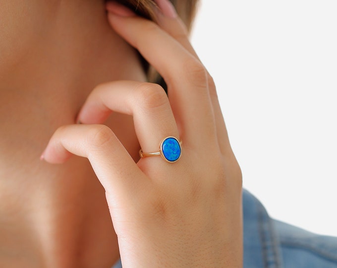 14k Gold Blue Opal Ring | Handmade Jewelry, October Birthstone, Protection Stone, Ease Stress Gem, Birthday Gift, October Opal Ring Gift