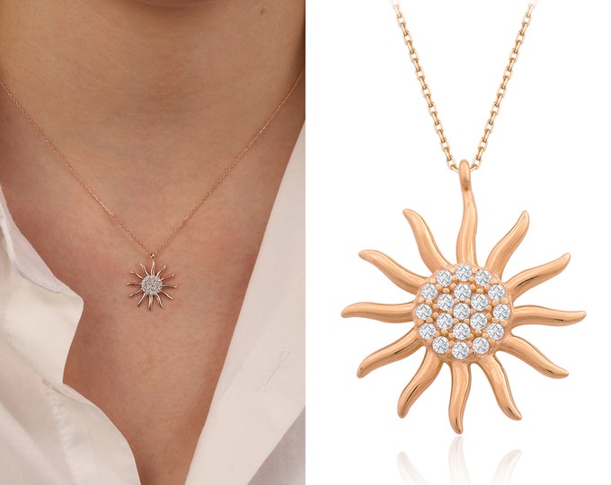 14K Gold Solar Necklace | Sunshine Jewel, Blaze Pendant Necklace, Sunlight Pendant, Gold Sun Ray Light, Mother's Day Gift, BFF Gift