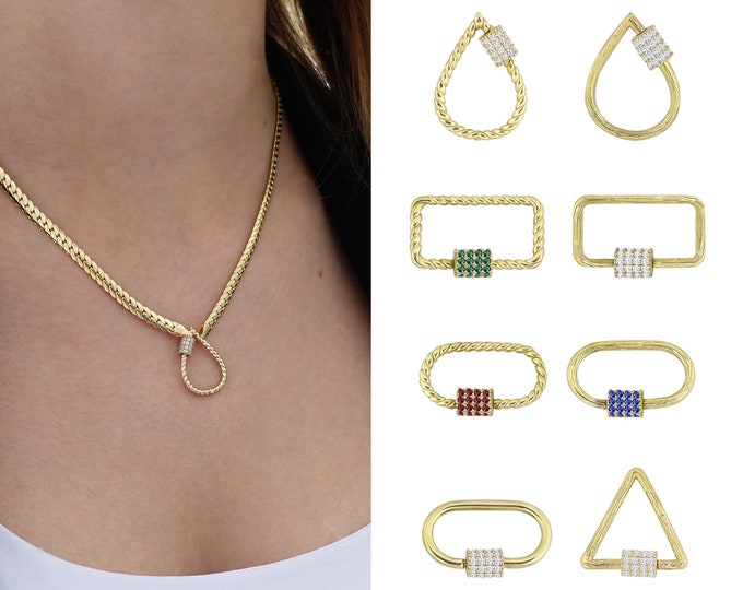 Teardrop Diamond Carabiner Clasp | 14k Gold Drop Carabiner Charm & Pendant, Herringbone Chain, Flat Snake Chain, Carabiner with Gemstone