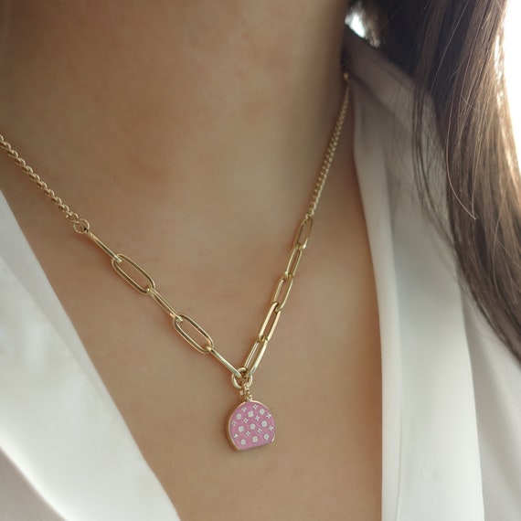 Bag Charm Necklace 14k Gold Pink Bag White Spots Pendant W/ 