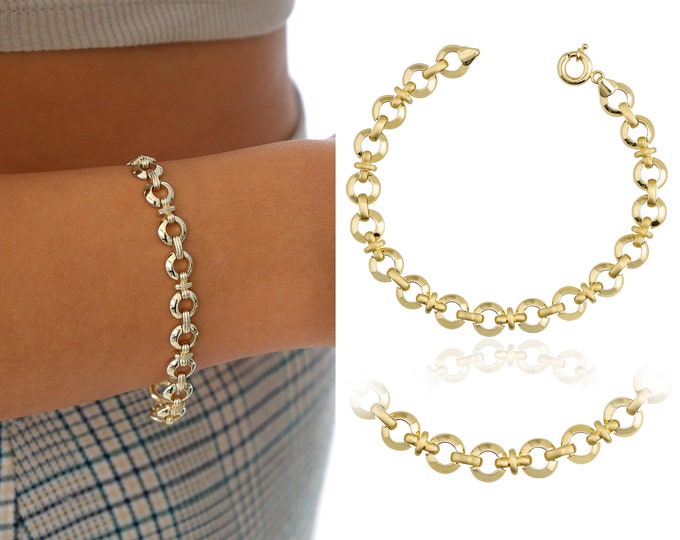 14K Gold 8mm Interlocking Round Bracelet | Gold Chunky Circle Chain Bracelet, Handmade Layering Jewelry, Dainty Chain, Gift For Her