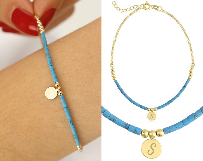Blue TURQUOISE Bracelet w/14k Gold Beads | Engravable Coin, Personalized ZODIAC Bracelet, December Birthstone, Turkish stone, Gift for Her