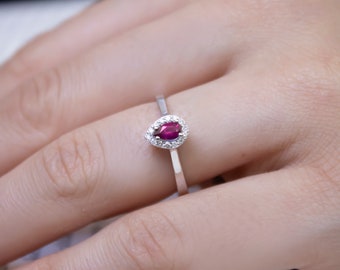 14k Gold Ruby Diamond Ring | Teardrop Red Gem July Birthstone Jewelry