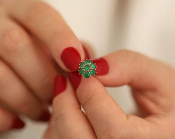 14k Gold Emerald Hexagon Flower Earrings | Handmade Jewelry, Honeycomb Stud Earrings, May Birthstone, Best Friend Gift, Dainty Jewelry Gift